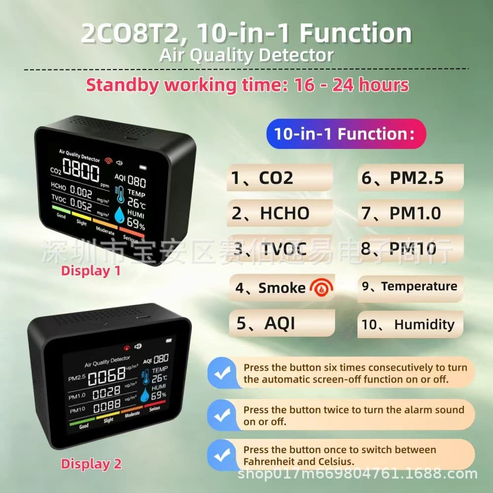 New Cross-Border 10-in-1 Multifunctional Air Quality Gas Detector, Dust, CO2, Formaldehyde, TVOC, PM2.5
