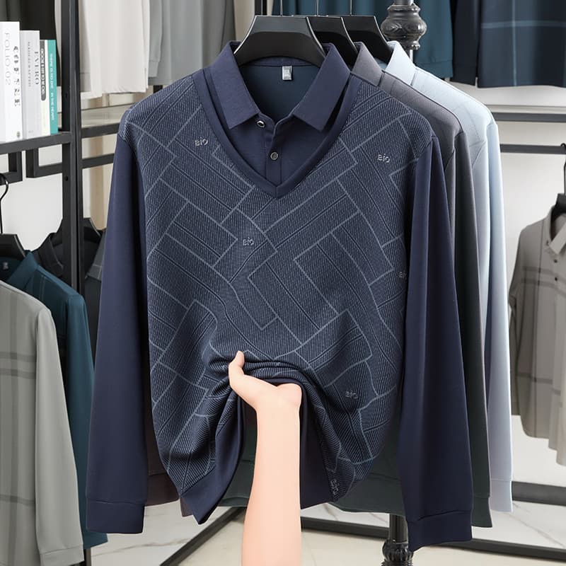 Long-sleeve Autumn T-shirt for Middle-aged Men, Dad's Casual Top, Turn-collar Polo Shirt, Grandpa's Shirt, Men's Clothing, Fake Two-layer Design