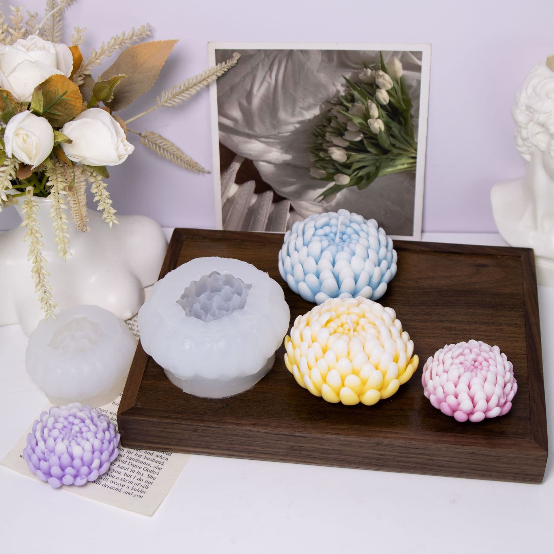 Cross-border Handmade Chrysanthemum Aroma Candle Mold DIY Blooming Flower Resin Clay Craft Ornament Silicone Mold
