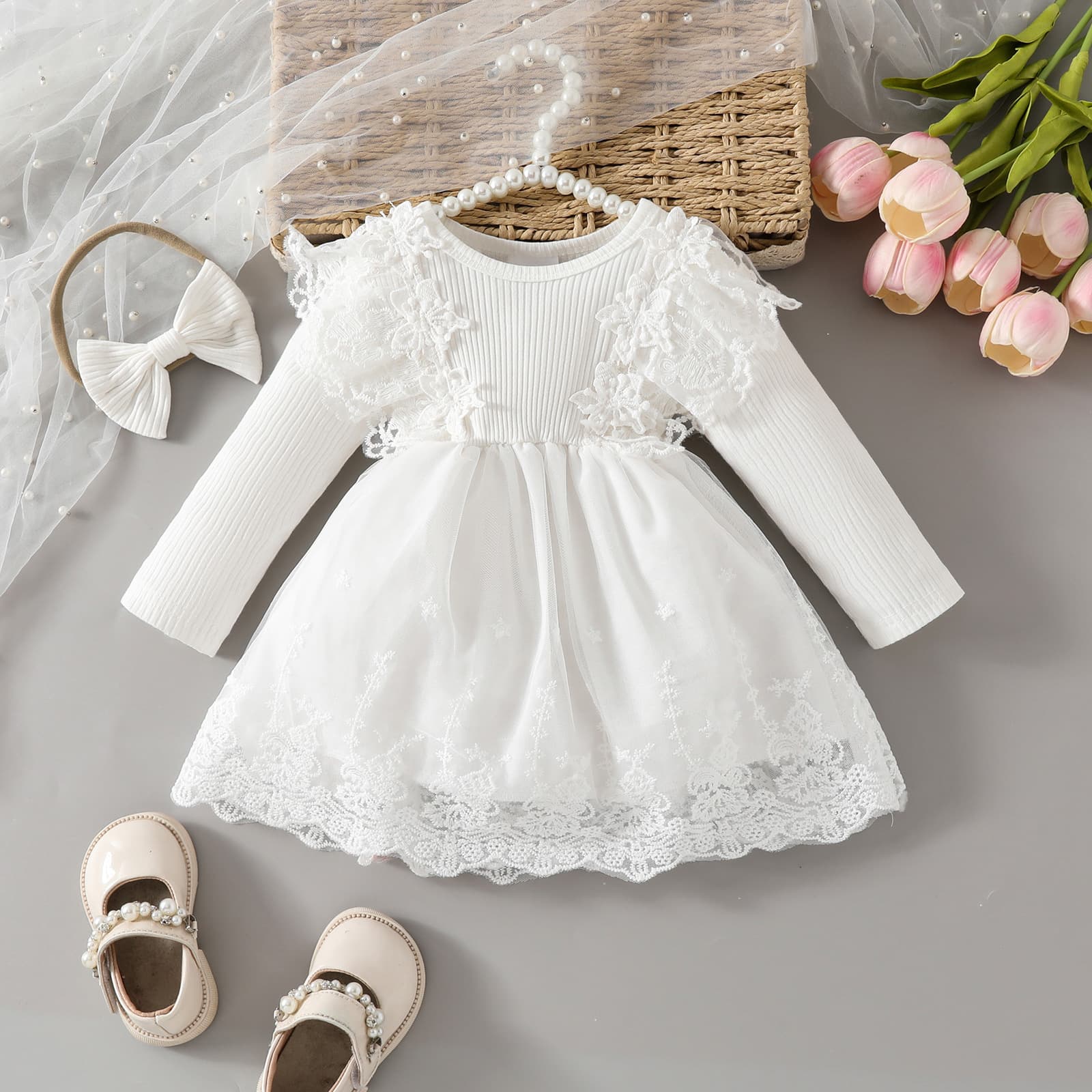 Baby Lace Trim Ribbed Long Sleeve White Tulle Dress Sweet Baby Flower Gown Baptism Dress Cotton