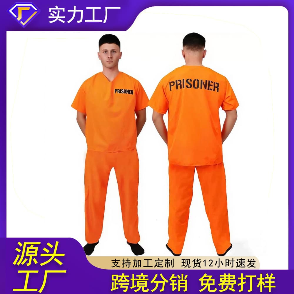 Cross-border Halloween Luigi Cosplay Costume American Prison Uniform Role-Play Orange Prisoner Outfit Two-Piece Set