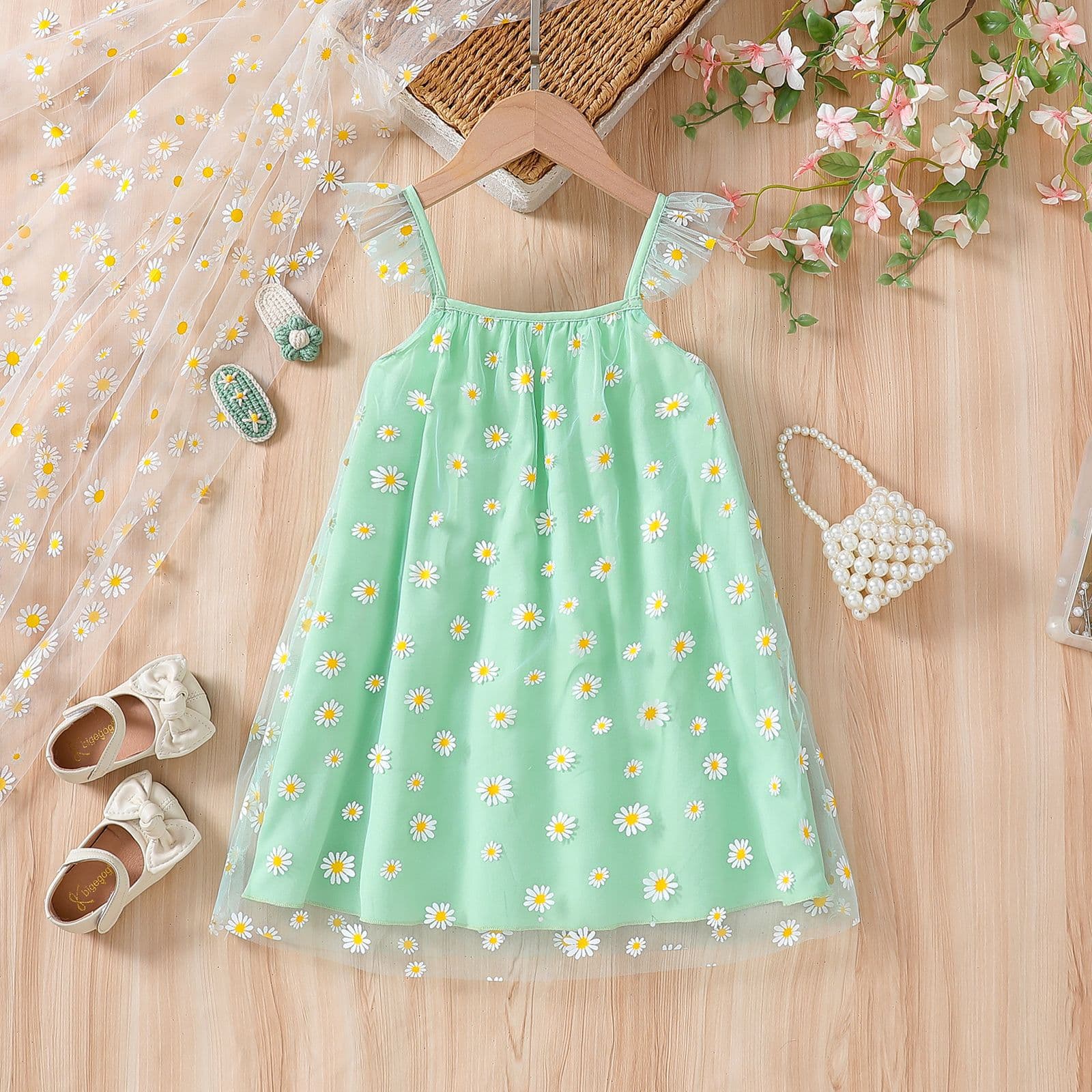 Girls Summer Dress 2026 New Princess Style Forest Daisy Mesh Skirt Little Girl Strapless Dress