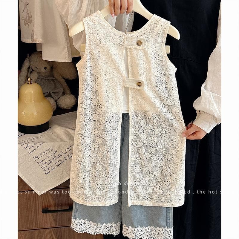 Girls Summer 2024 New Korean Style Sleeveless Vest Dress Lace Layered Top Jeans
