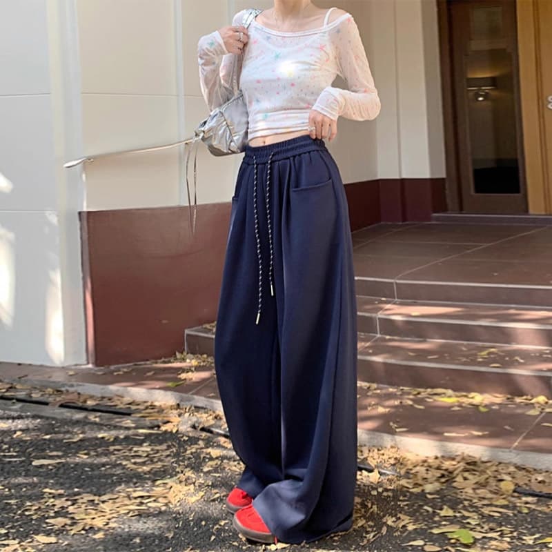 Drawstring Wide-Leg Pants for Women Fall/Winter 2026 New Style, Lazy Casual High-Waist Loose Straight-Leg Trousers