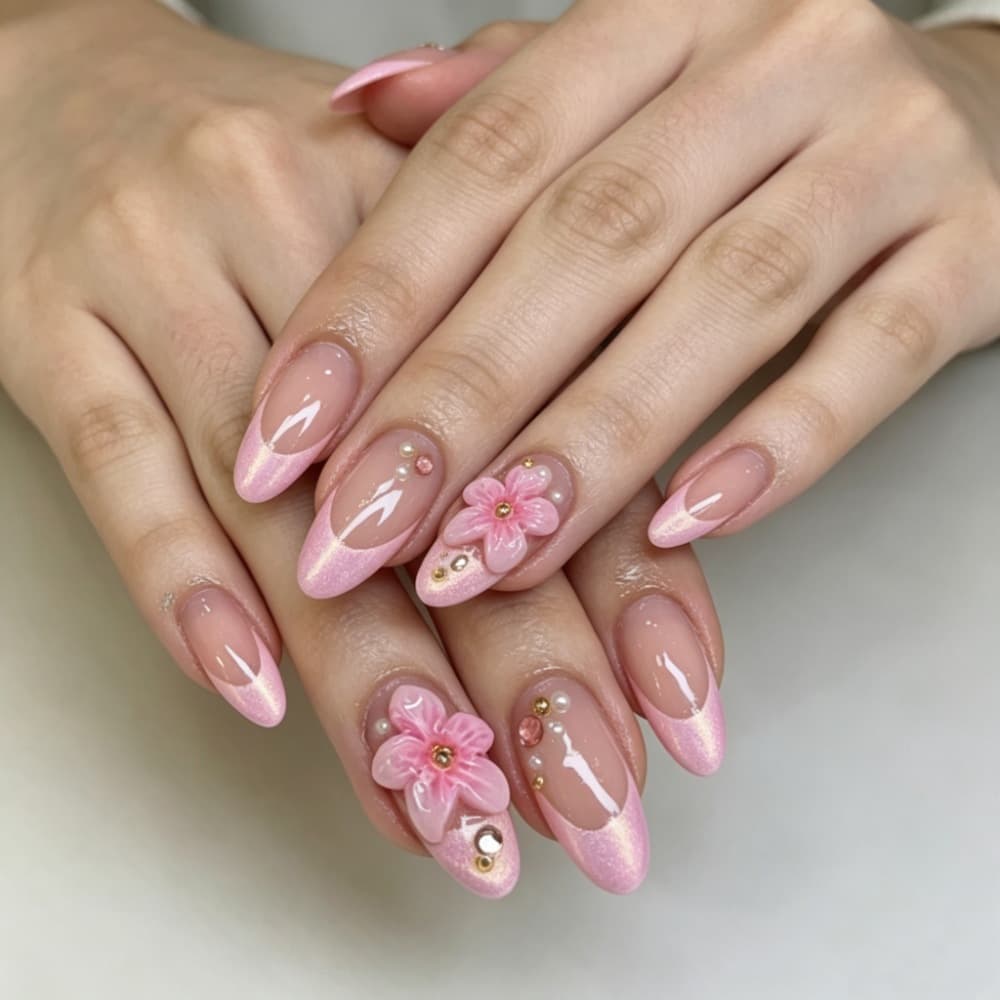Sweet Pink French 3D Carved Almond Press-On Nails, Exquisite Fashionable Fake Nails for Cross-Border E-Commerce Hot Sale