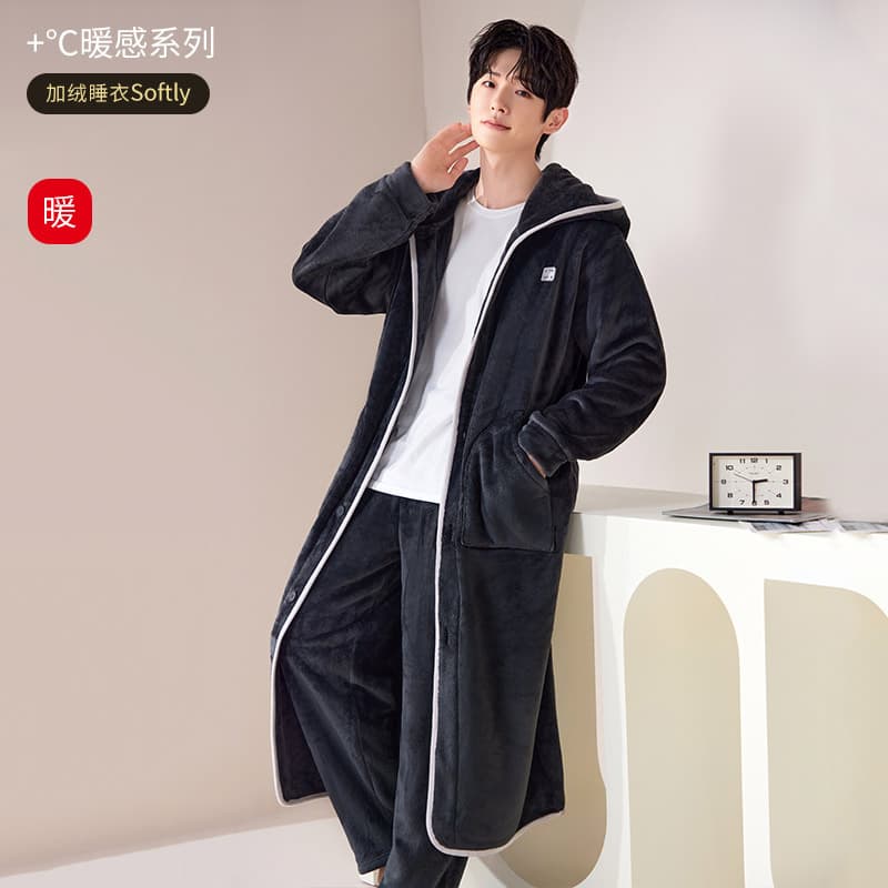 Hooded Bathrobe Autumn Winter Thick Flannel Men's Long Robe Morning Robe Winter Coral Fleece Pajamas Homewear