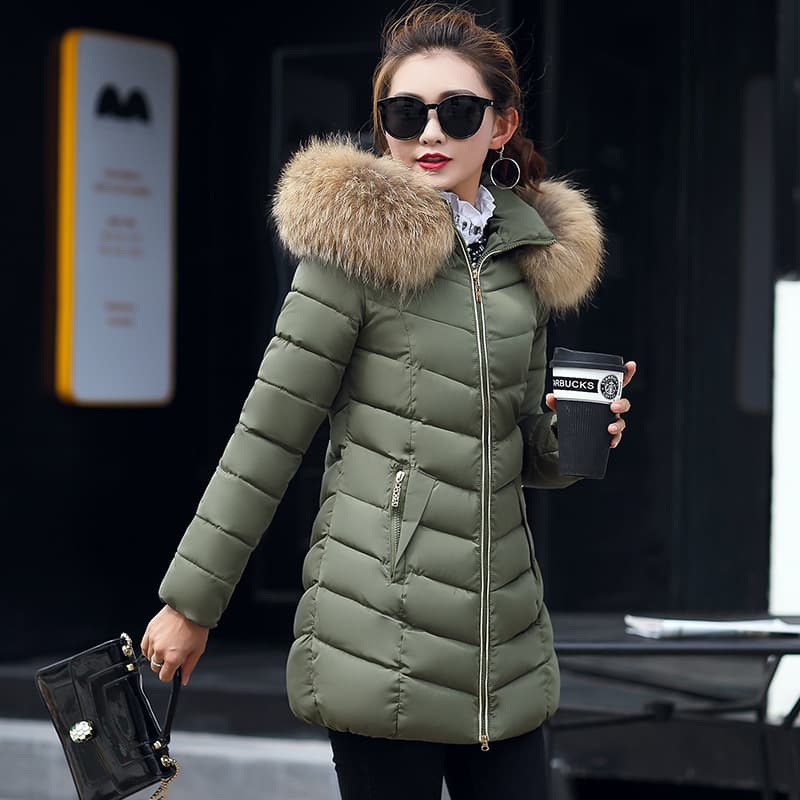 2026 winter new Korean style cotton coat for women, mid-length slim-fitting cotton coat, large fur collar, down-padded jacket for women