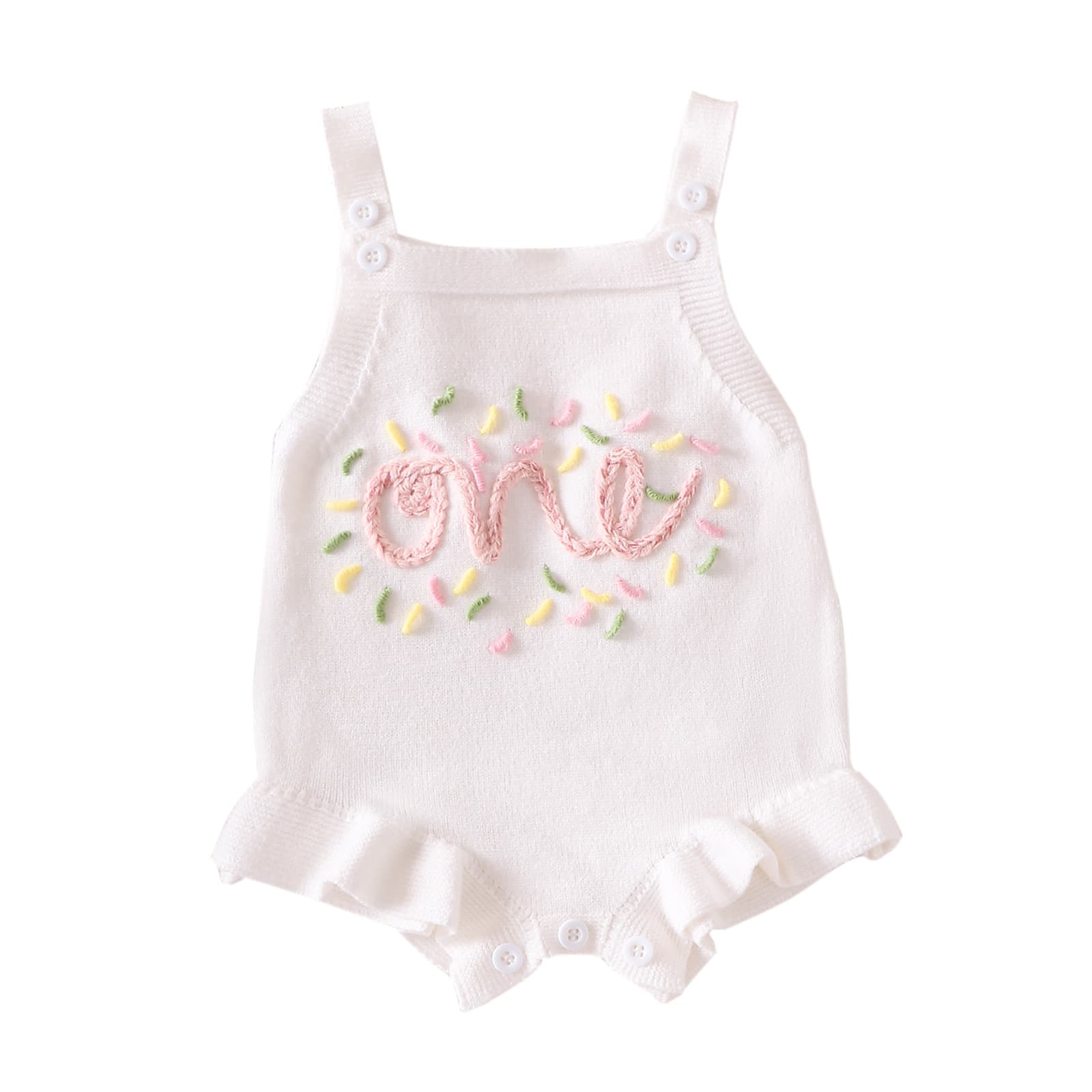 Baby Girl Romper with One Letter, Waist Paisley Embroidery, Ruffle Trim Triangle Bodysuit
