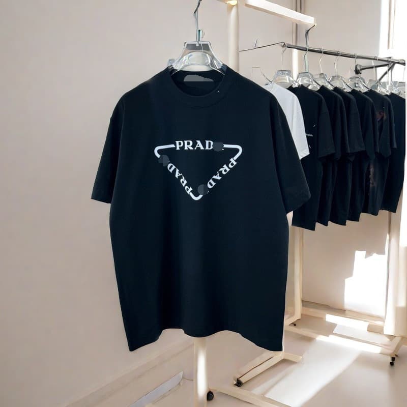 New Prada Style Correct Version High Quality Pure Cotton 270g Short Sleeve T-Shirt Men's Summer Trendy Casual Loose