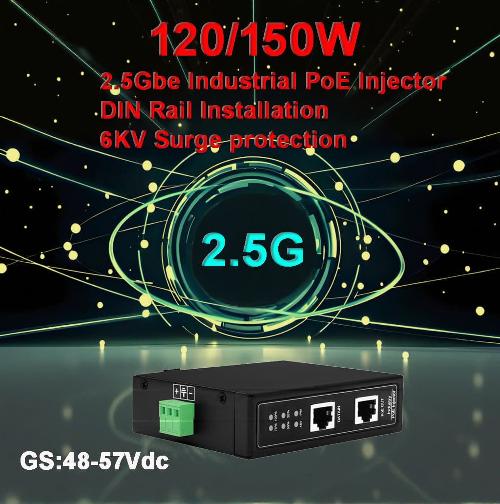 2.5G Industrial POE Injector 120/150W, 6KV ESD, 48-57Vdc Input