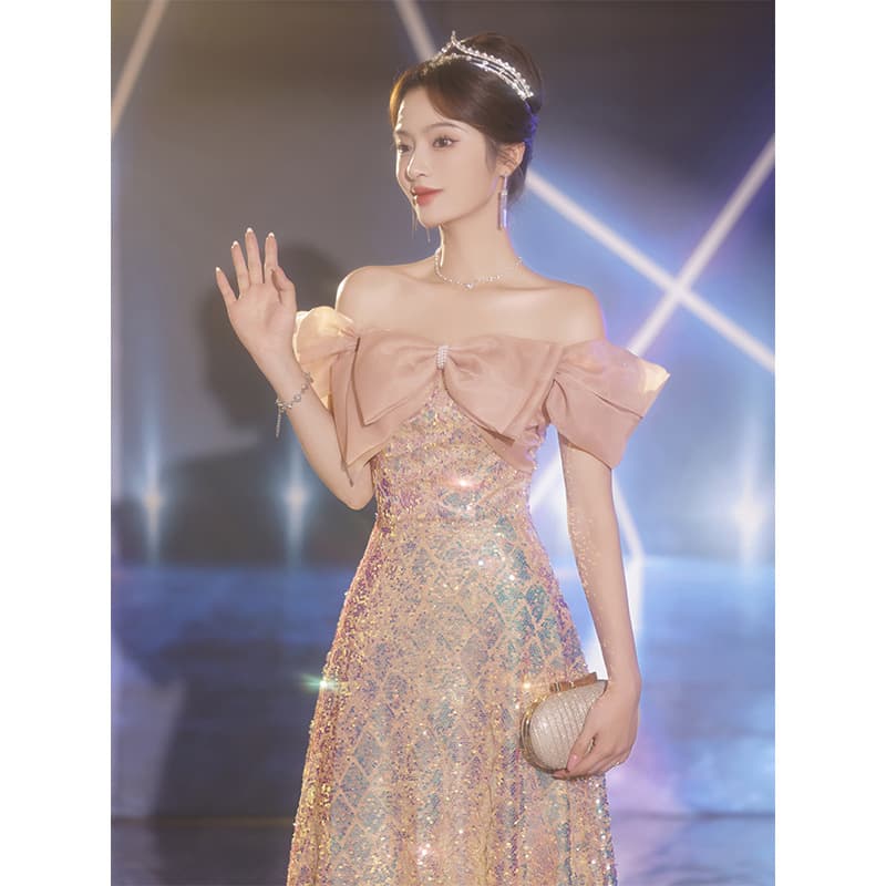One-Shoulder Evening Gown 2026 New Light Luxury Unique Pink Long Dress for Runway, Socialite Birthday, and Annual Party