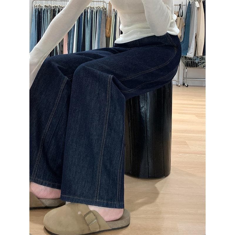 Dark Blue Straight-Leg Jeans for Women, Autumn New Arrival, High-Waist Loose Wide-Leg Pants for Plus Size and Pear-Shaped Figures, Slimming Fit