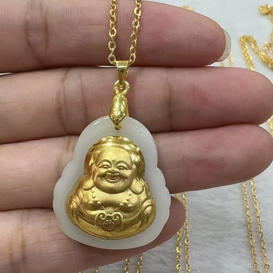 Discount Gold-Inlaid Jade Laughing Buddha & Guanyin Pendant, Road-Smooth Blessing Bag with Fortune Beads, TikTok Live Stream Gift
