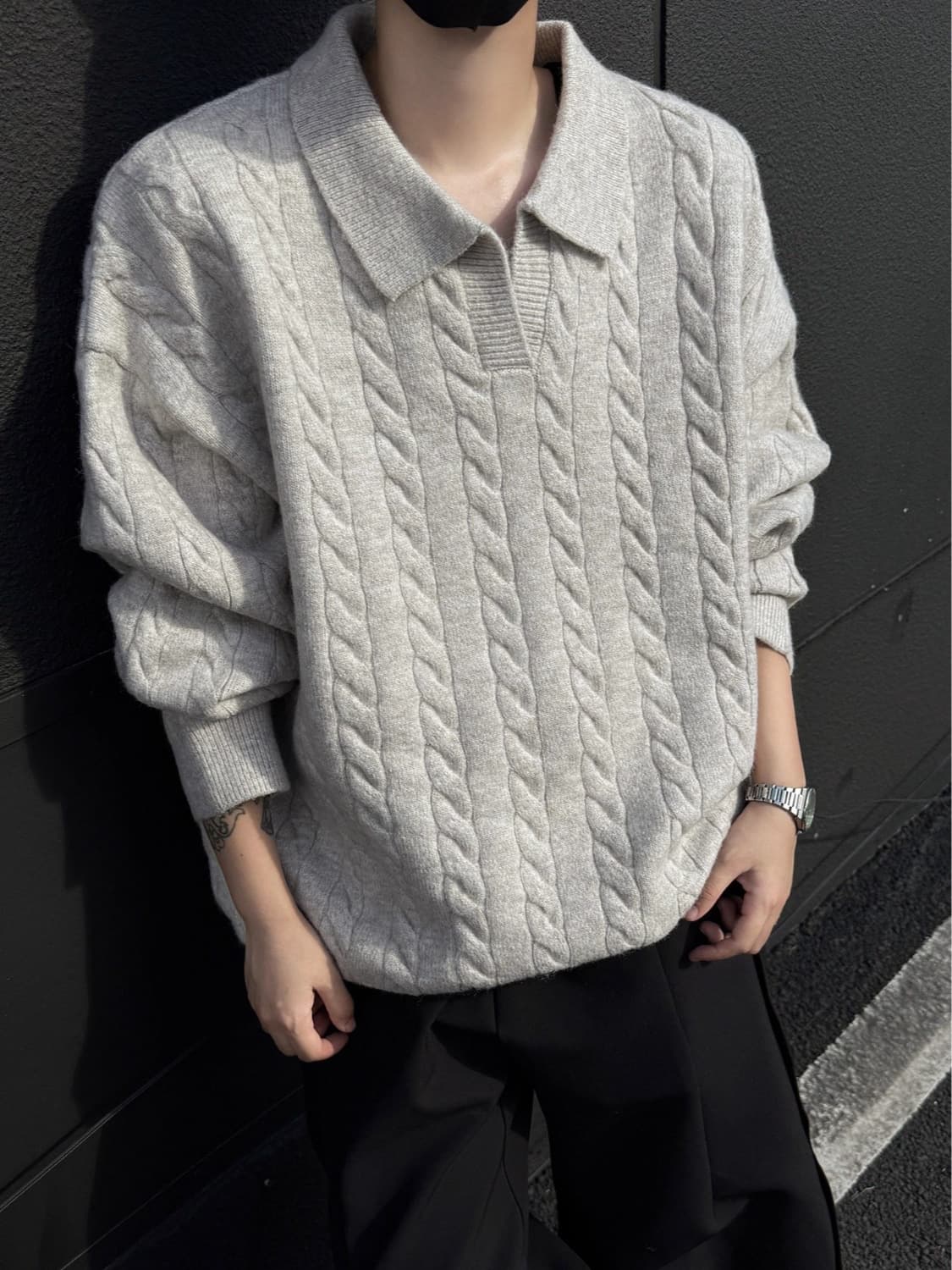 Vintage V-Neck Cable Knit Sweater for Men, Autumn American Retro Relaxed Knit Polo Shirt, Pullover Base Layer