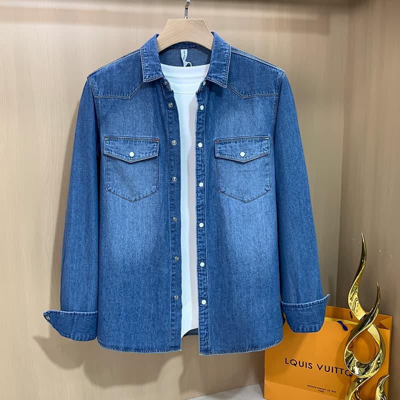 European Luxury Trendy Japanese Retro Denim Shirt Long Sleeve Fashion Versatile Gradient Casual Men's Shirt Jacket