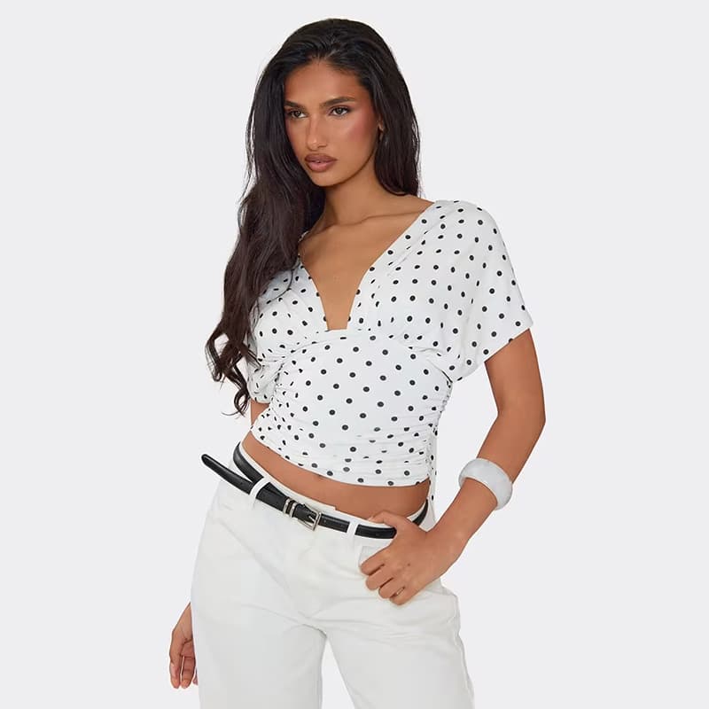 J26TP254 Women's Sexy Slim Fit Short Sleeve Deep V-Neck Backless Lace-Up Camisole Top