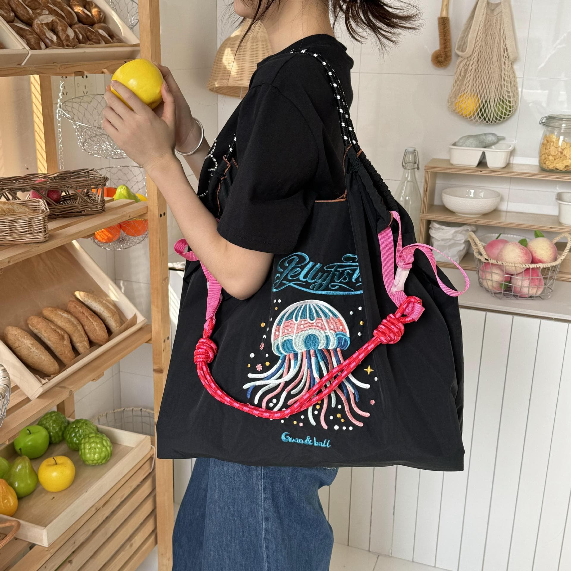 Fashionable Large Capacity Embroidered Ball Chain Shopping Bag Women's Shoulder Bag Trendy Nylon Tote Bag with Soft Handles