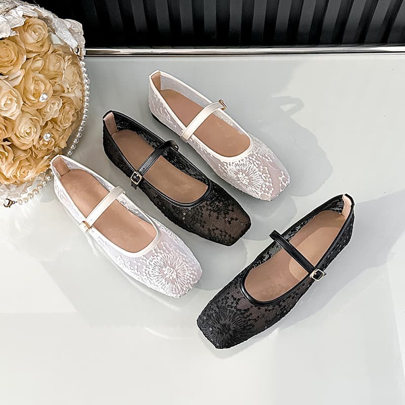 Cross-border Mesh Breathable Low-cut Flats Women 2026 New French One-strap Mary Jane Shoes Square Toe Flat Shoes