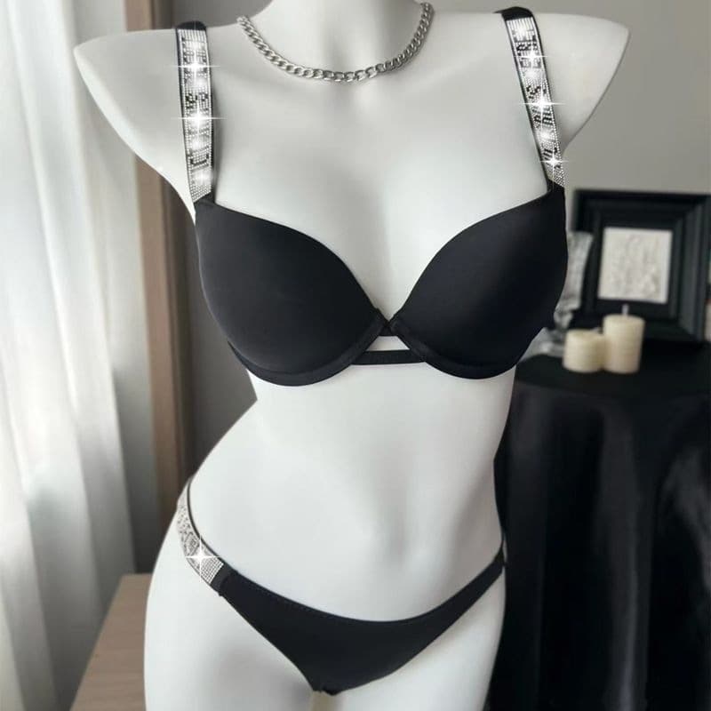 New Style Bra Set with Rhinestone Straps, Letter Design, Push-Up for Small Bust, Underwire, Women's Lingerie Set