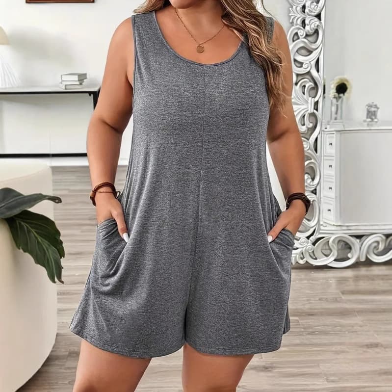2025 European and American Cross-Border Plus-Size Jumpsuit Elegant Solid Color Sleeveless Romper Casual Pocket Crew Neck Jumpsuit