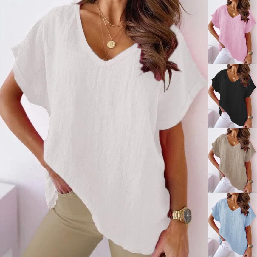 2023 summer cross-border European and American popular plus size women's clothing Amazon solid color V-neck cotton and linen casual bat short-sleeved T-shirt for women