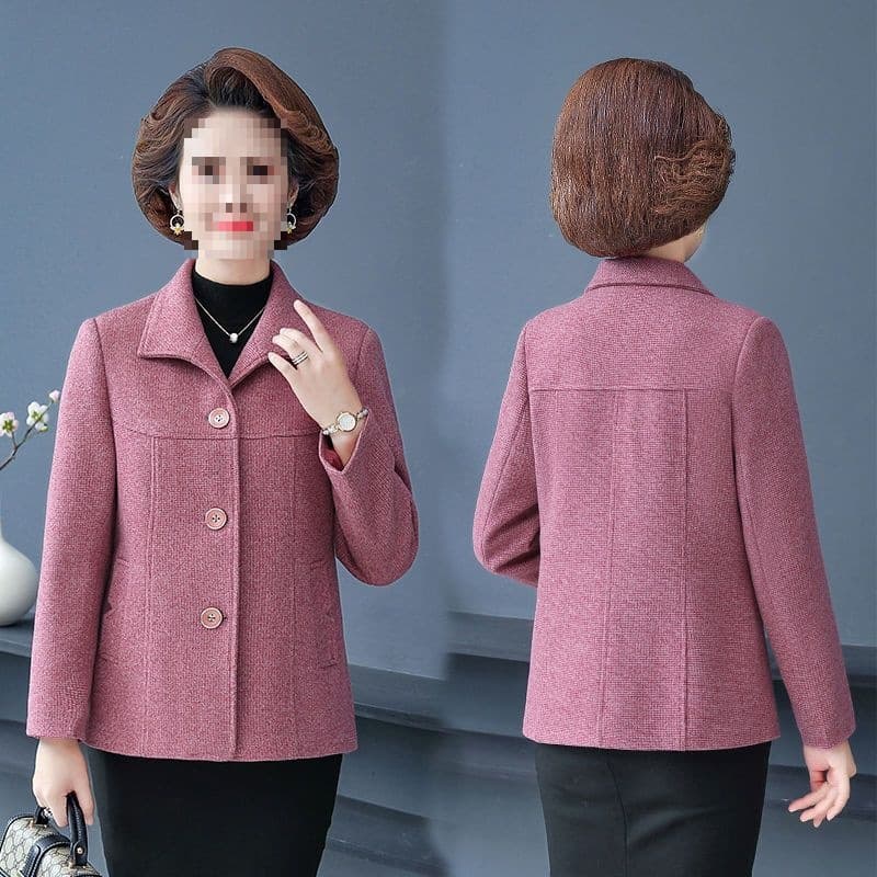 Short plaid wool coat for middle-aged and elderly mothers, plus size, loose fit, stylish winter wear.