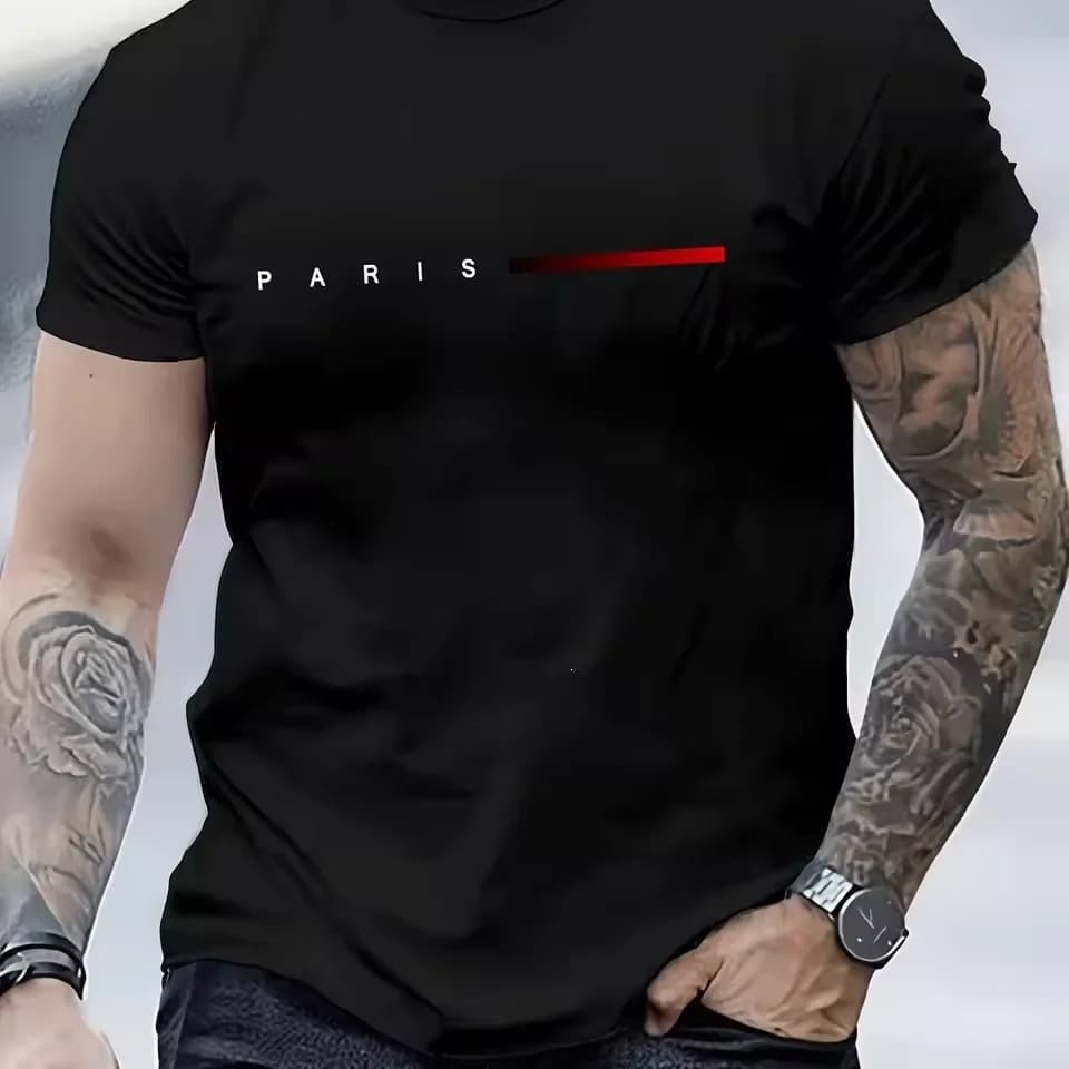 Men's 100% Cotton Summer Loose Fit Paris Creative Letter Print Casual Slim Round Neck Short Sleeve T-Shirt