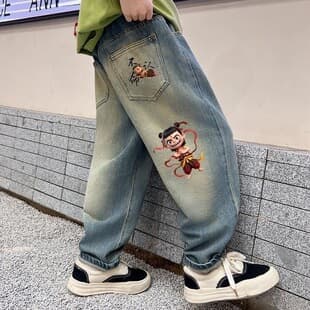 Nezha Boys' Jeans, Loose-Fit New Style Long Pants for Spring 2025, Casual Streetwear for Older Kids
