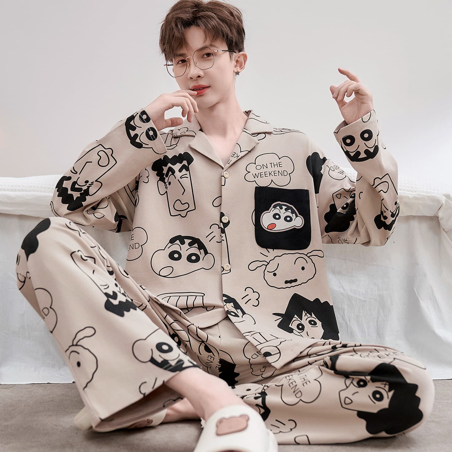 Trendy Youth Cotton Pajama Set for Boys, Spring/Autumn Cardigan Style, Plus Size Long Sleeve Top and Long Pants, Cartoon Homewear Set