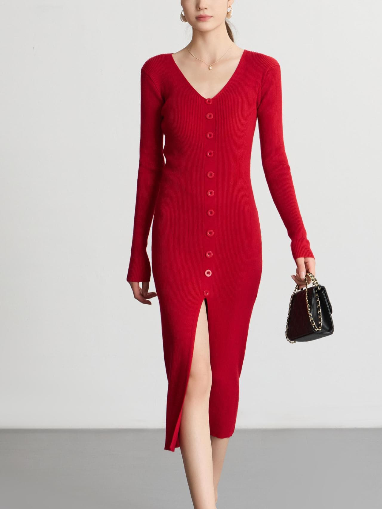 Long Sleeve Autumn Winter Dress V-Neck Knitted Dress Slimming Figure-Flattering Single-Breasted Button Hip-Hugging Midi Dress for Women