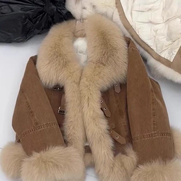 Korean style fur collar denim autumn and winter coat, fashionable and thickened, new style, super warm and super good-looking, plus velvet, loose cotton jacket, trendy