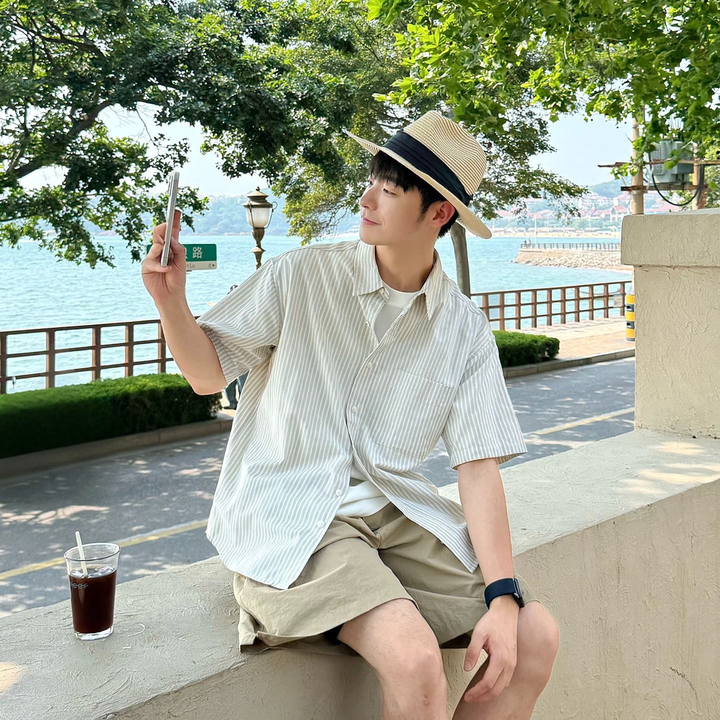 Retro Striped Short Sleeve Shirt Men Summer Layering Inner Shirt Japanese Style Lightweight Casual Cardigan Shirt Men's Clothing