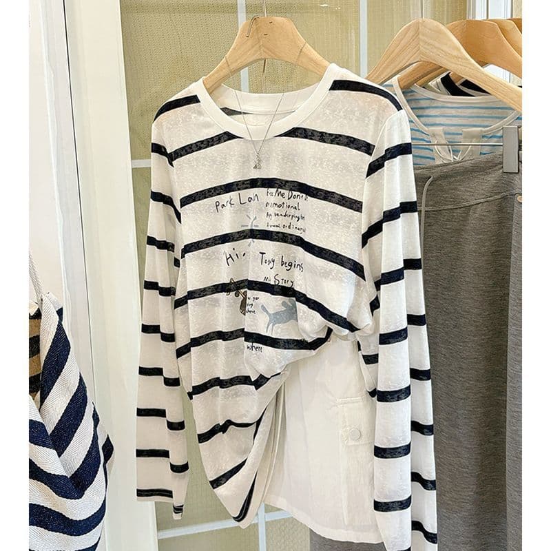 2026 New Cool Feel Cartoon Print Striped Loose Long-Sleeve Thin Sun Protection Cover-Up T-Shirt Top for Women Summer