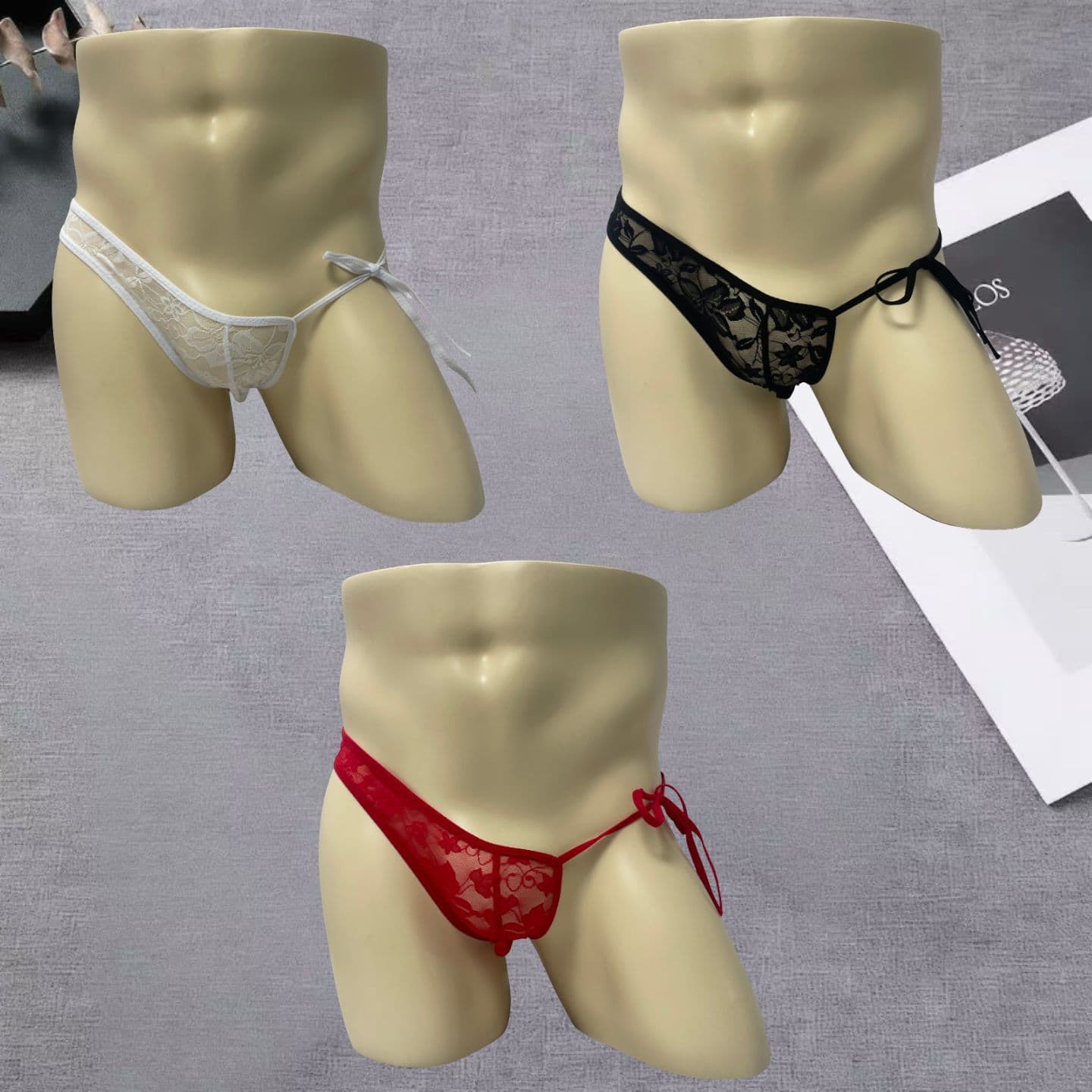 Men's Lace Hollow Sexy Triangle Underwear No Need to Take Off Temptation Low Waist Cross Thong Crossdresser Sexy Thong