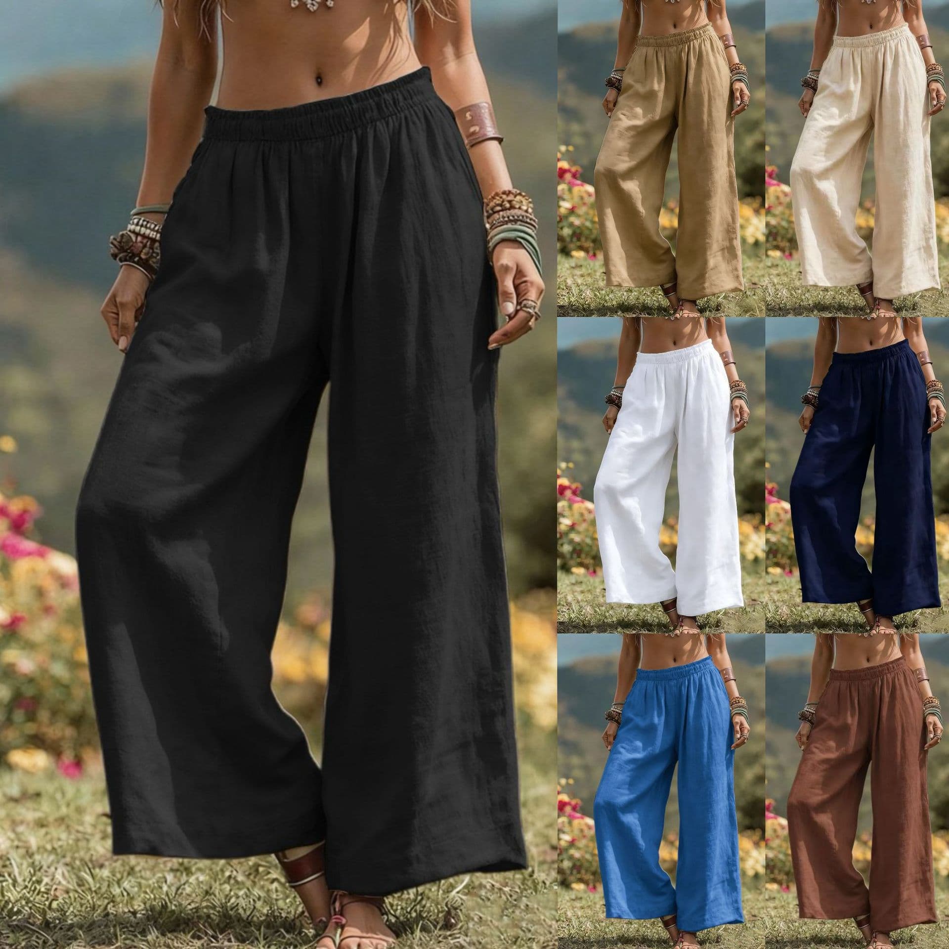 European and American Cross-Border 2026 Spring/Summer New Solid Color Fashion Loose Casual Side Pocket Elastic Waist Daily Wide-Leg Pants for Women