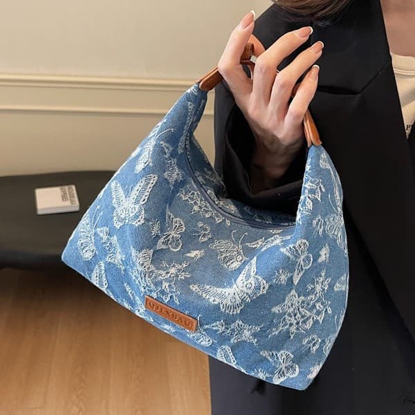 Korean Denim Handbag for Women 2024 New Embroidery Butterfly Stylish Versatile Shoulder Crossbody Bag Crescent Bag