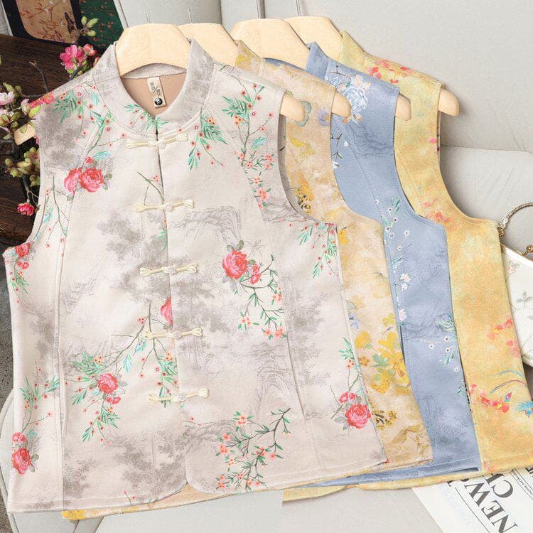 2026 Spring New Mom Style Stand Collar Button Vest Women's Thin Outerwear Chinese Ink Painting Top