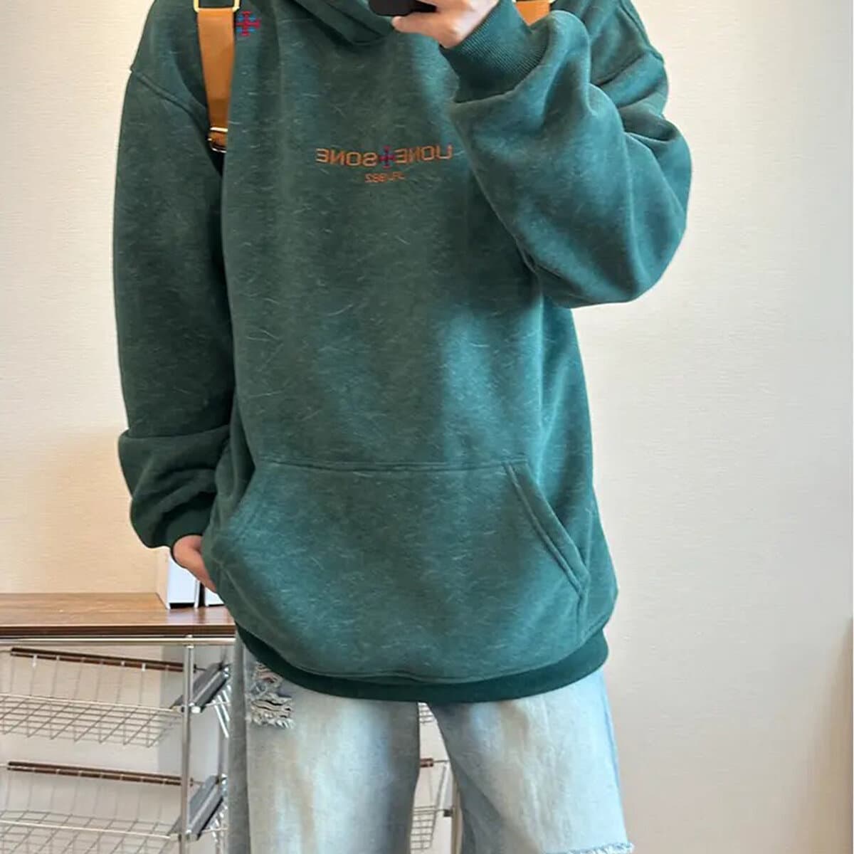 Dark green embroidered sweatshirt for men, hooded autumn/winter fleece-lined heavyweight hoodie, trendy American retro jacket