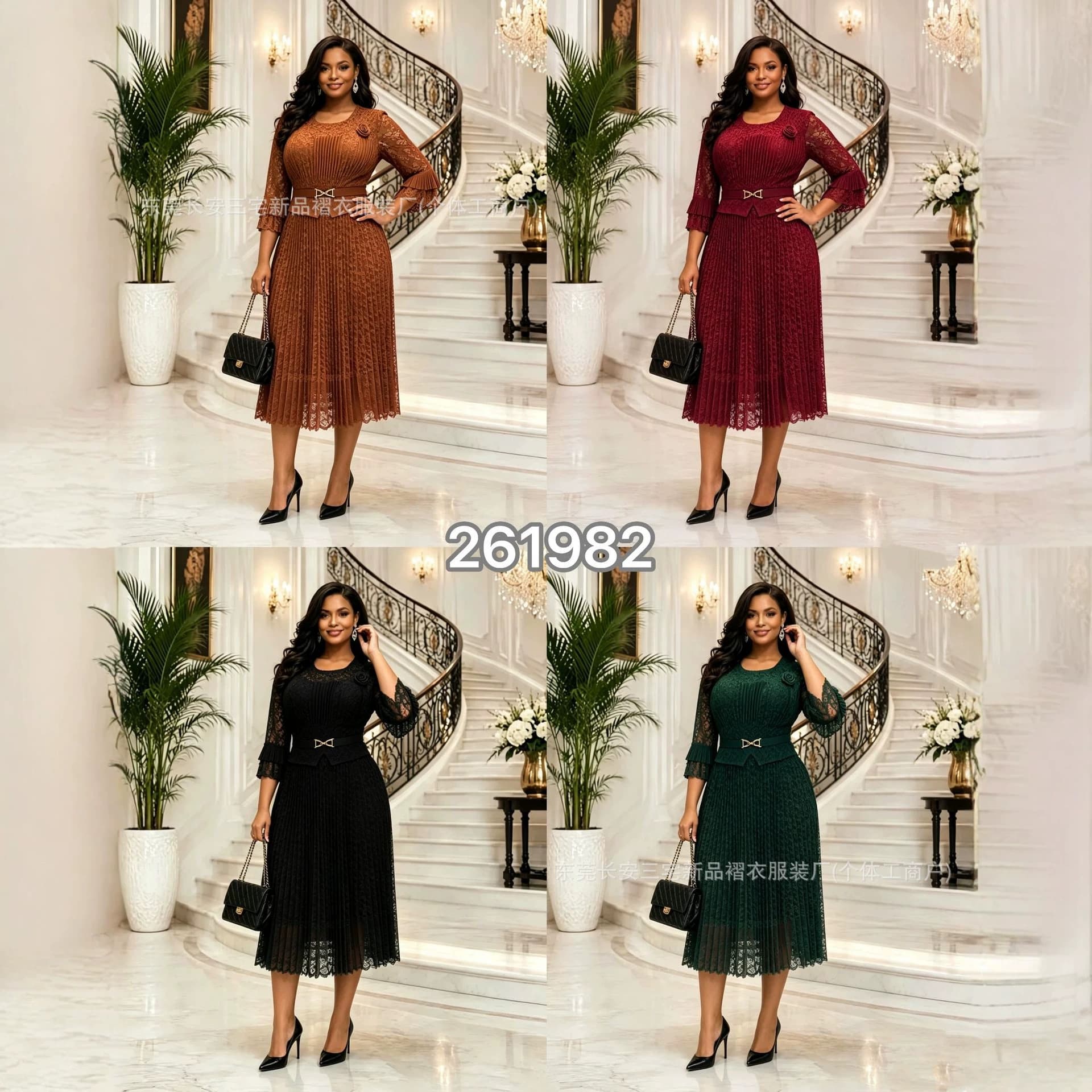 Miyake pleated European and American cross-border plus size dress new fashion lace three-quarter bell sleeve lace long skirt for women