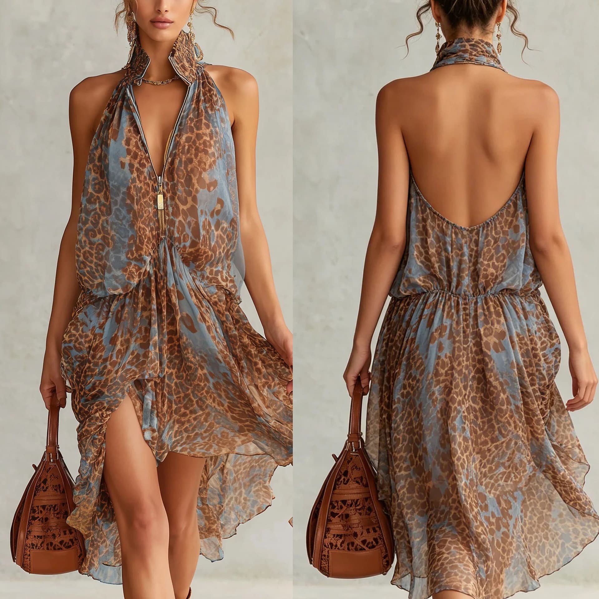 Cross-border 2026 Spring/Summer New Chiffon Printed High Neck Asymmetric Dress INS Vacation Dress for Women