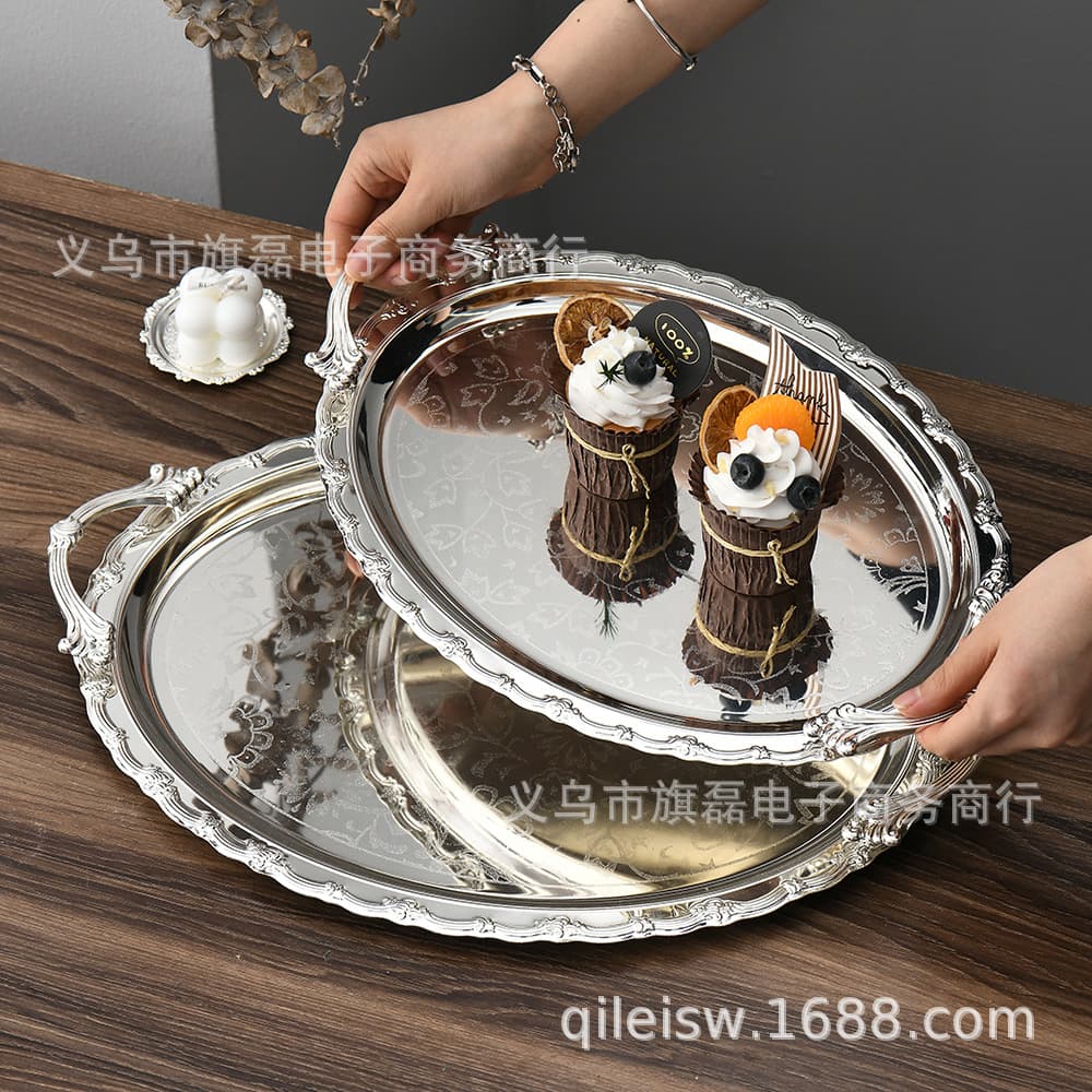 New Pattern Fruit Plate European Minimalist Silver-Plated Retro Craft Plate Home Hotel Dessert Cake Tray