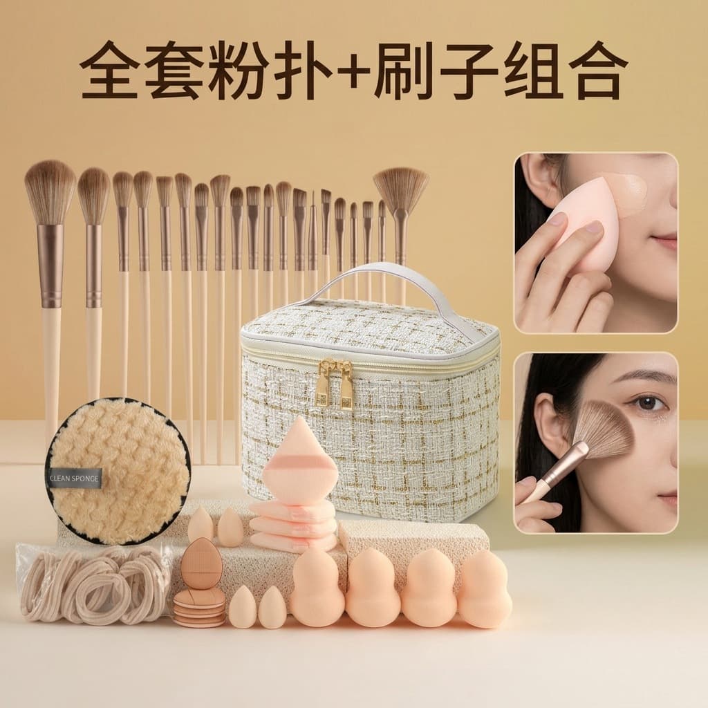 44-piece set of high-looking beige small fragrance face wash puff, makeup brush, gourd powder puff set, portable toiletry storage bag