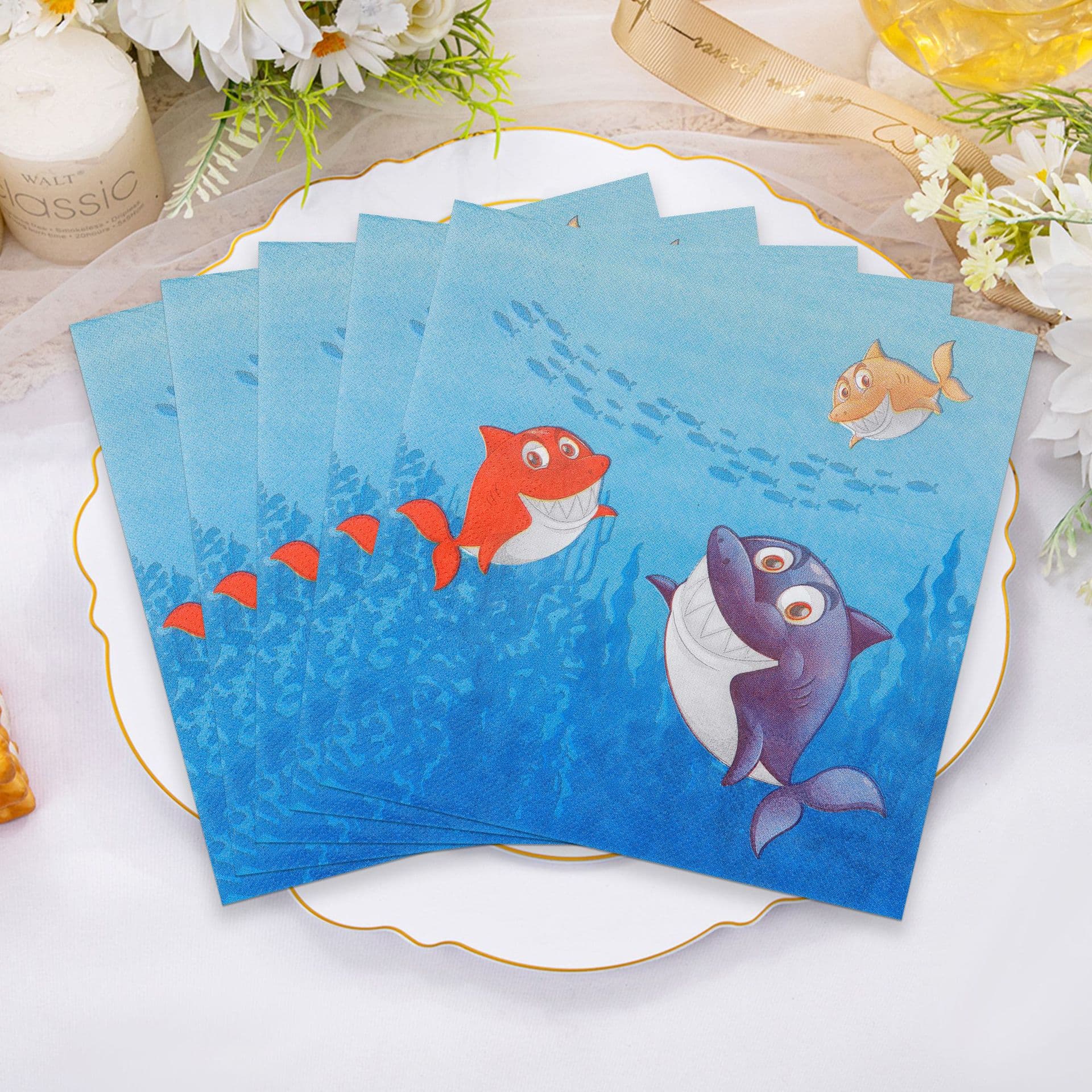 Cross-border printed cartoon shark disposable tissue paper hotel party western restaurant napkin holiday party square tissue paper