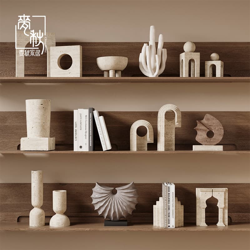 High-end mid-century art travertine decorative ornaments living room wabi-sabi style niche open niche tabletop ornaments