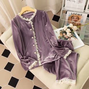 Velvet Pajamas for Women Fall Winter Sexy Round Neck Cardigan Light Luxury Pure Desire Long Sleeve Long Pants Loungewear Set Wearable Out
