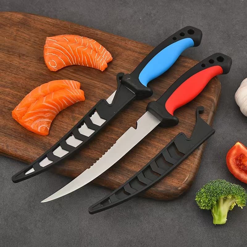 Cross-border Fishing Scale Scraper, Fish Gutting and Line Cutting Knife, Camping Outdoor Short Knife with Back Teeth and Sheath