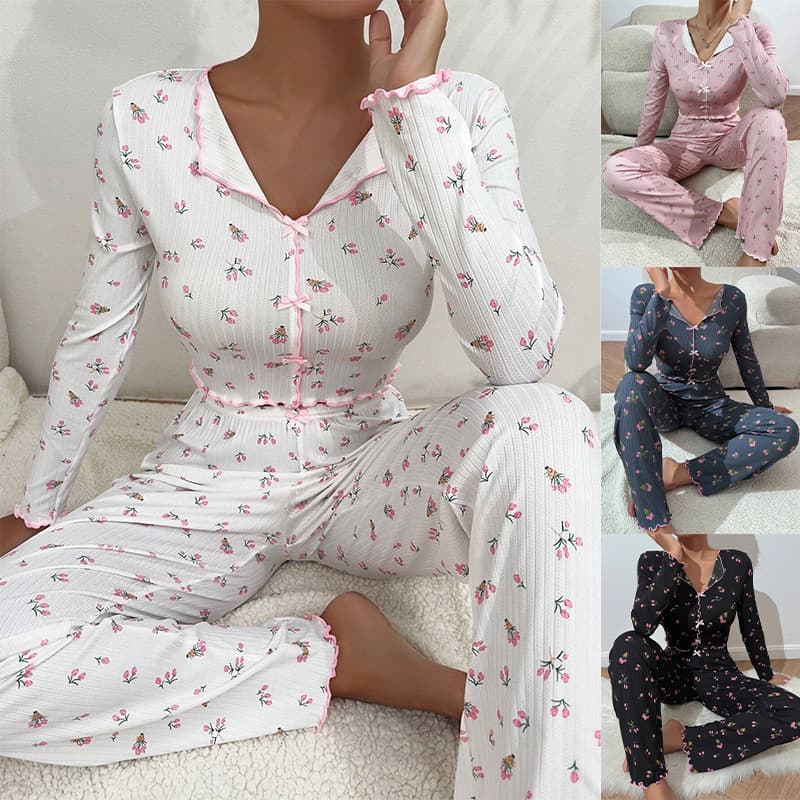 Amazon Cross-Border Loungewear Casual Printed Long Pants Long Sleeve Women's Pajama Set, Suitable for Outdoor Wear, European and American Style