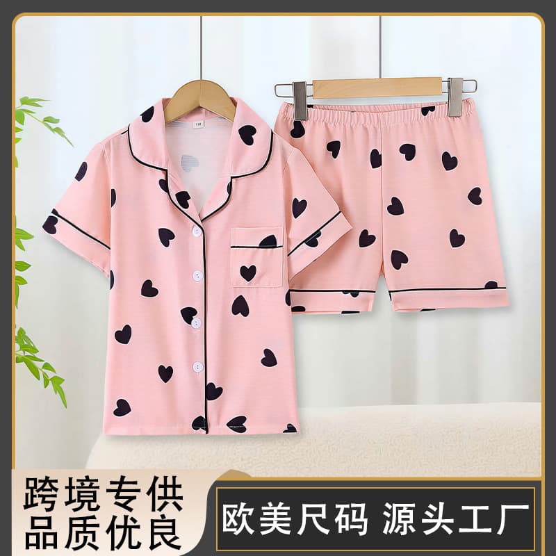 Children's Pajama Set for Girls Short Sleeve T-Shirt and Shorts Heart Print Two-Piece Loungewear Wholesale for Export