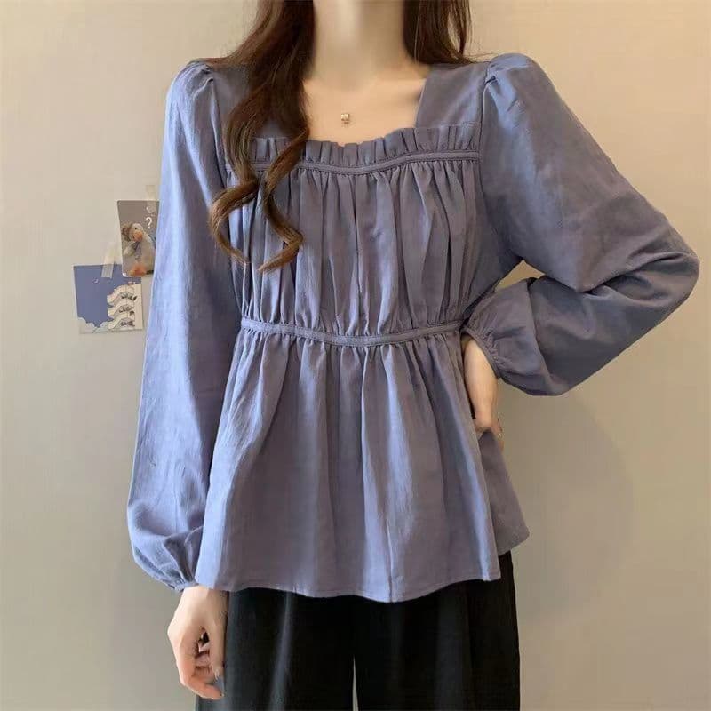 Plus size women's spring new style puff sleeve square collar shirt women's loose and slimming long-sleeved top that covers belly and hides flesh