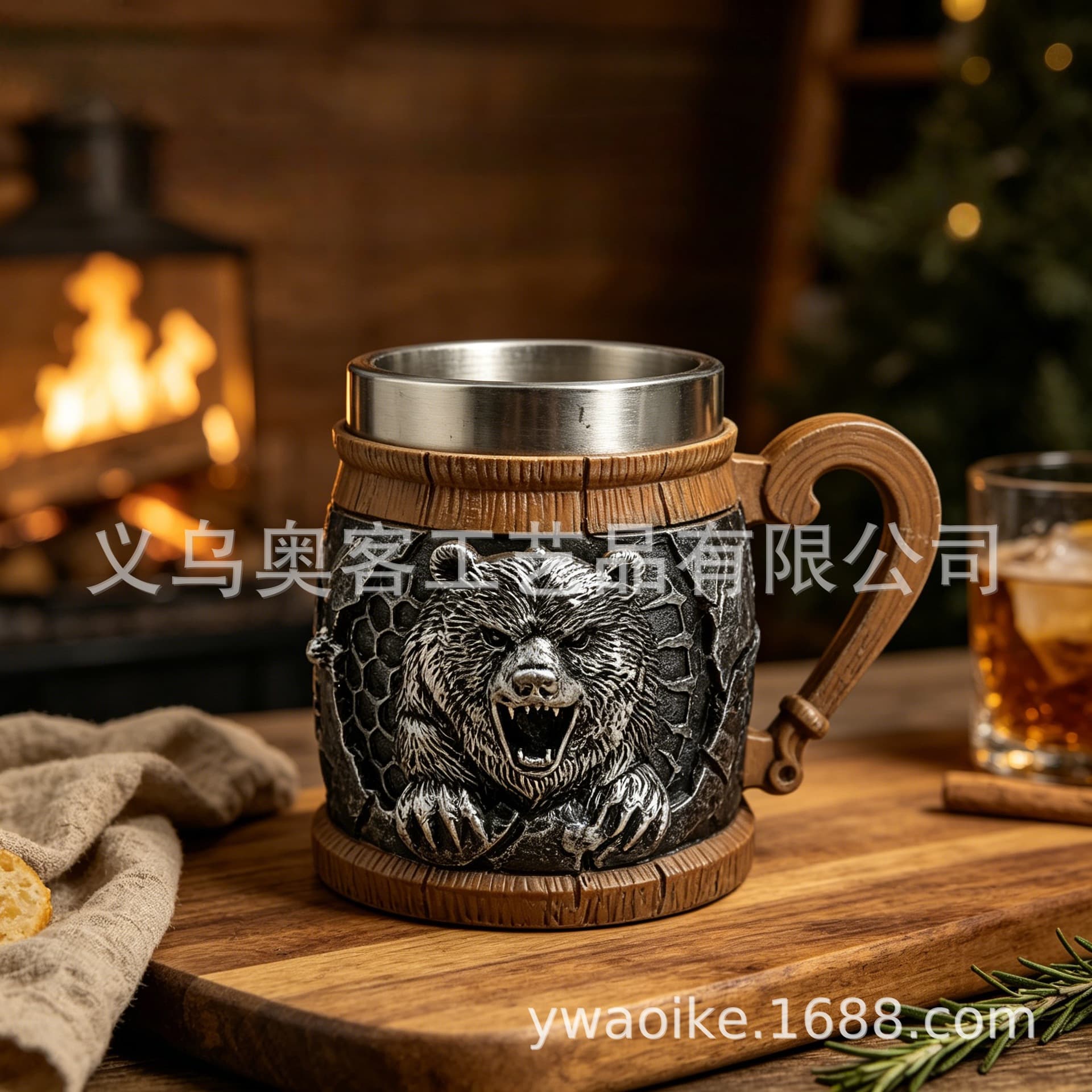 New American Jungle Style Large Capacity Mug Wild Hunter Bear Barrel Shape Beer Mug Stainless Steel